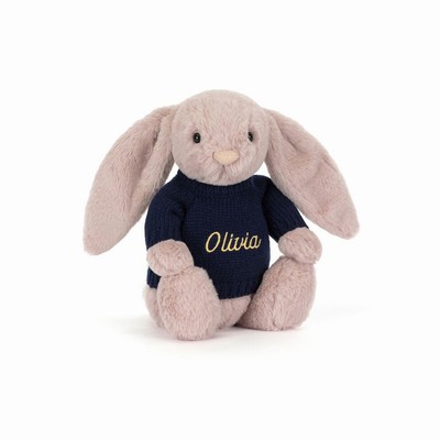 Jellycat Bashful Luxe Bunny Rosa with Navy Jumper New Zealand | OQBIE1724